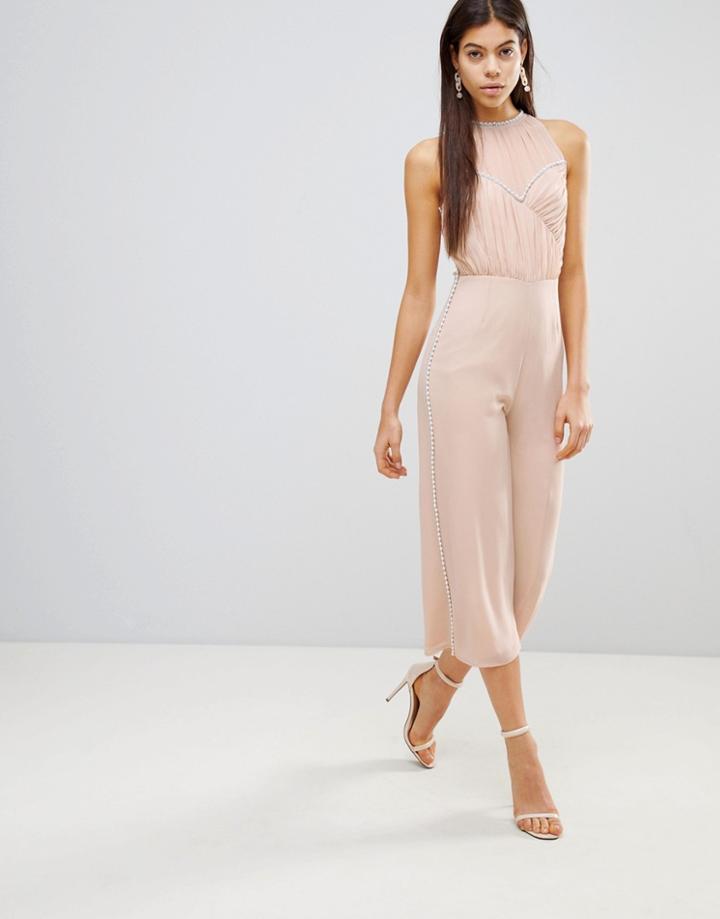 Asos Jumpsuit With Pearl Embellishment-beige