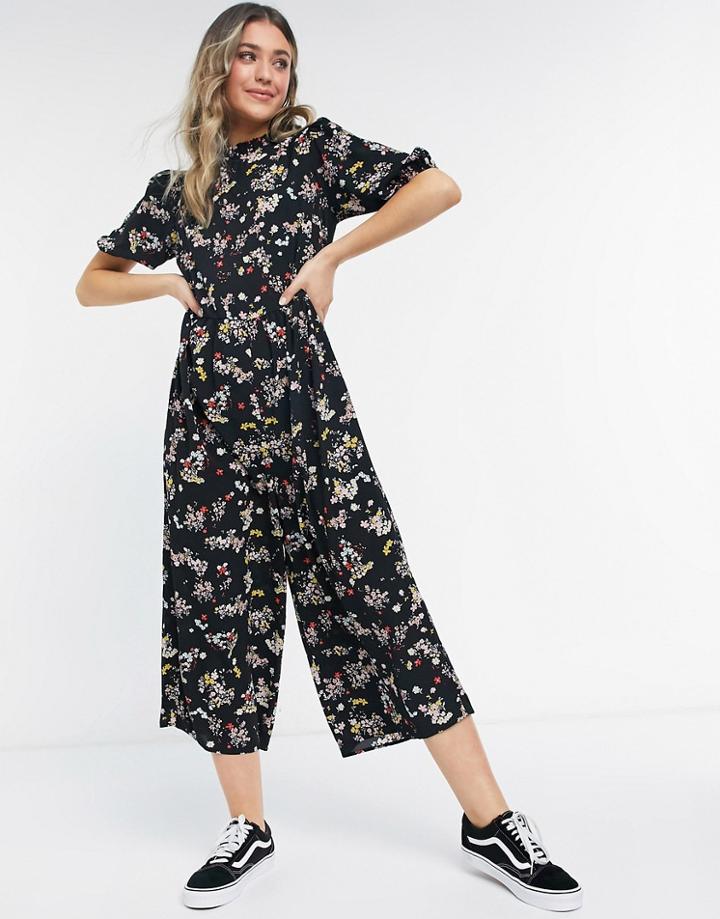Asos Design Ruffle Neck Smock Jumpsuit In Black Based Floral