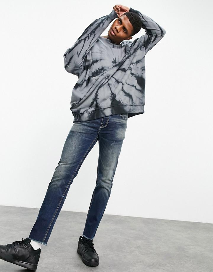 Asos Design Skinny Jeans In Dark Blue Vintage Japanese Wash With Raw Hem-blues