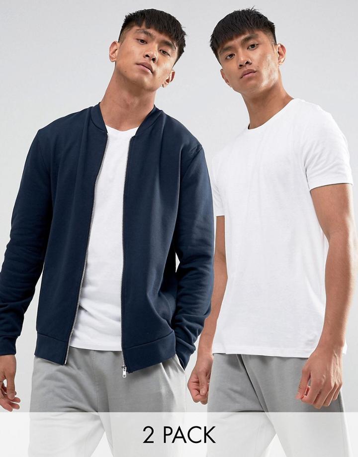 Asos Jersey Bomber Jacket/ Ss T-shirt In Navy/white Save - Multi