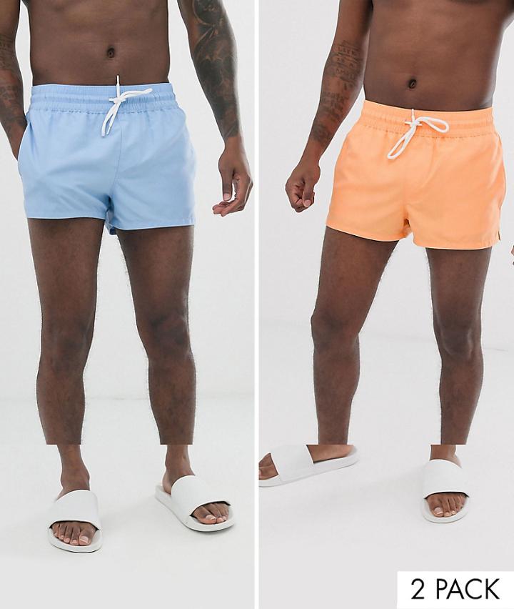 Asos Design 2 Pack Swim Short In Pale Blue And Orange Super Short Length Save-multi