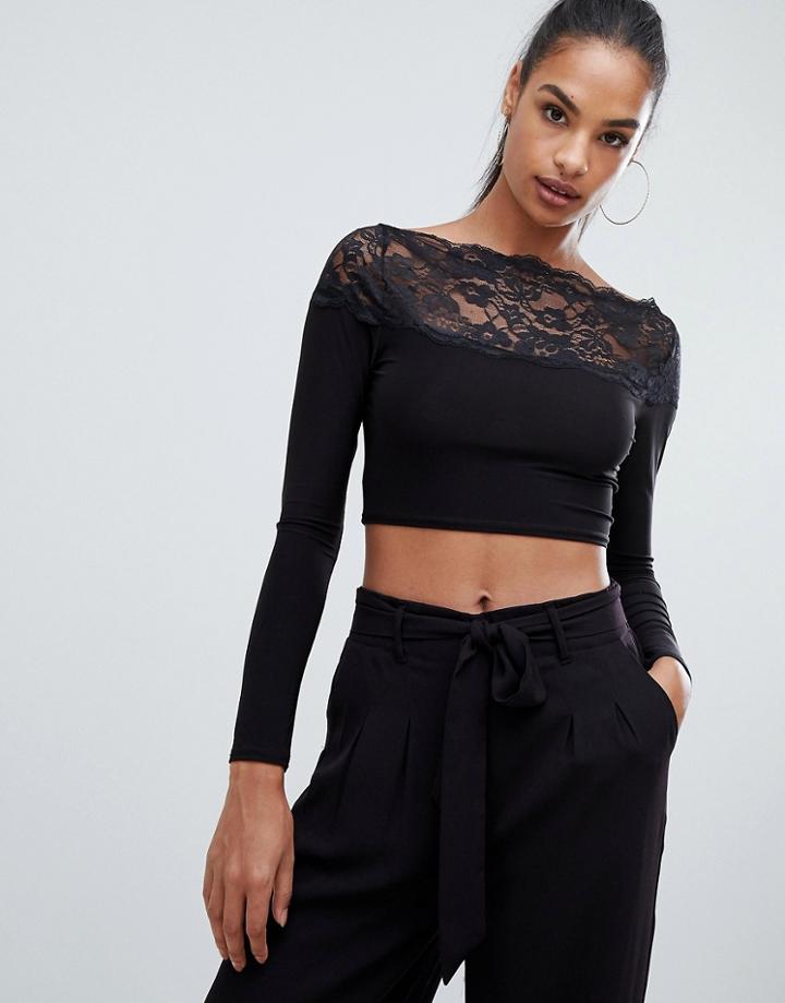 Boohoo Lace Trim Crop Top In Black - Black