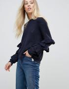 Wild Flower Sweater With Frill Detail Sleeves - Navy