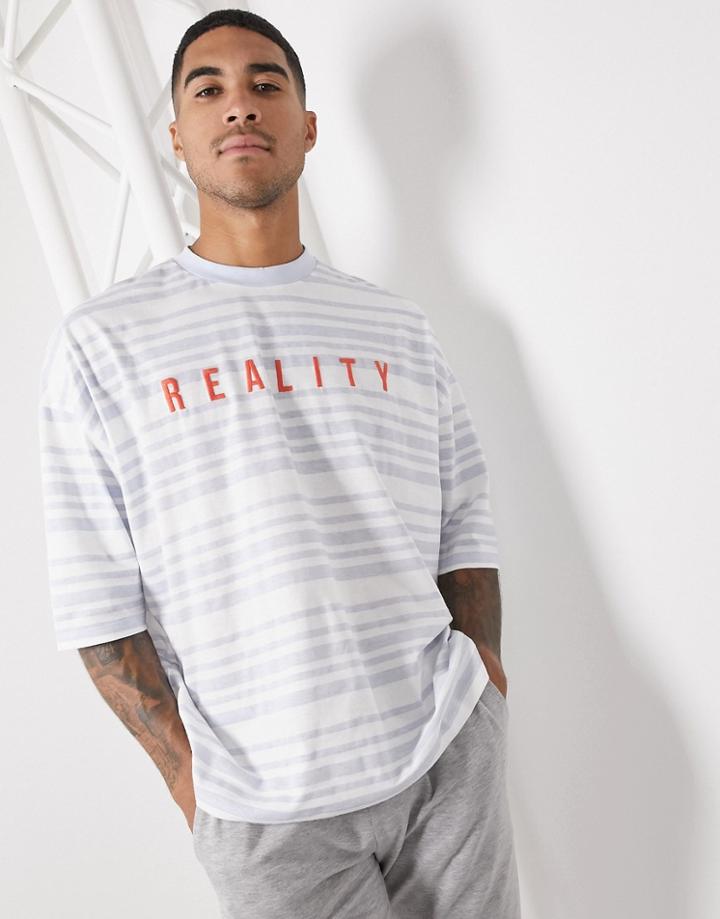 Asos Design Oversized Stripe T-shirt With Embroidered Text In Blue & White-multi