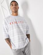 Asos Design Oversized Stripe T-shirt With Embroidered Text In Blue & White-multi