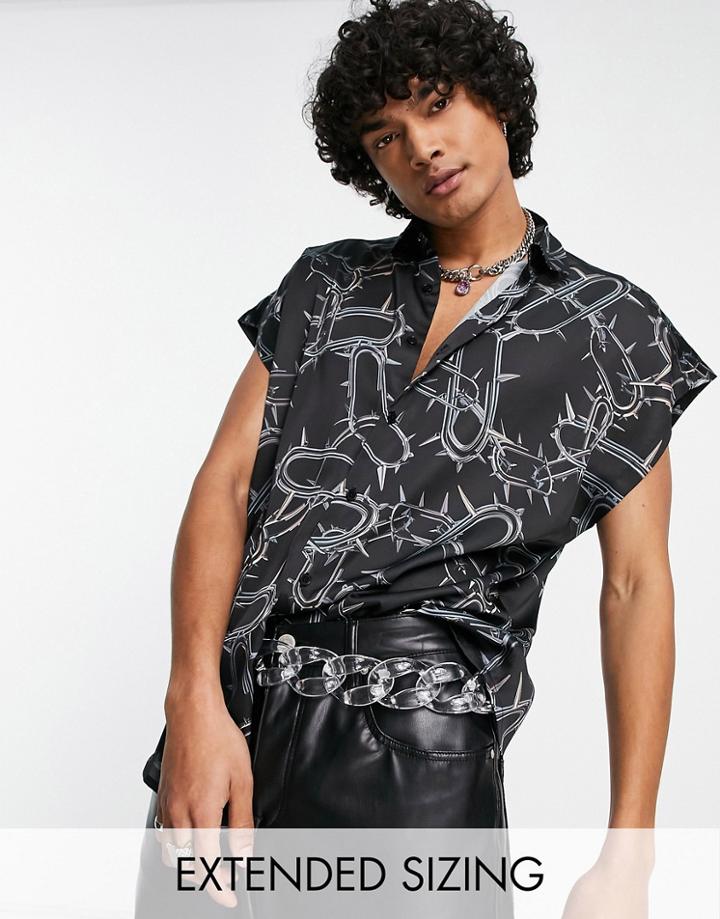 Asos Design Relaxed Cap Sleeve Shirt With Spike Print-black
