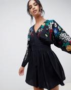 Asos Design Embroidered Mini Smock Dress-black