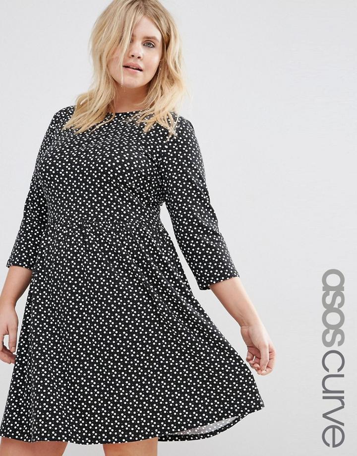 Asos Curve Skater Dress In Polka Dot With 3/4 Sleeve
