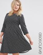 Asos Curve Skater Dress In Polka Dot With 3/4 Sleeve