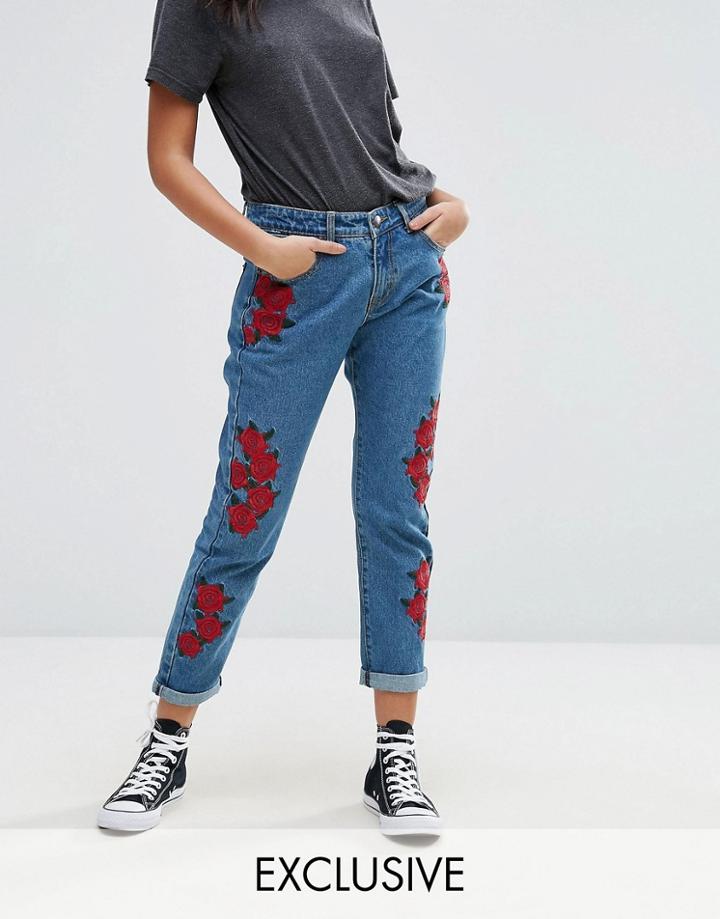 Liquor & Poker Boyfriend Jean With Rose Embroidery - Blue