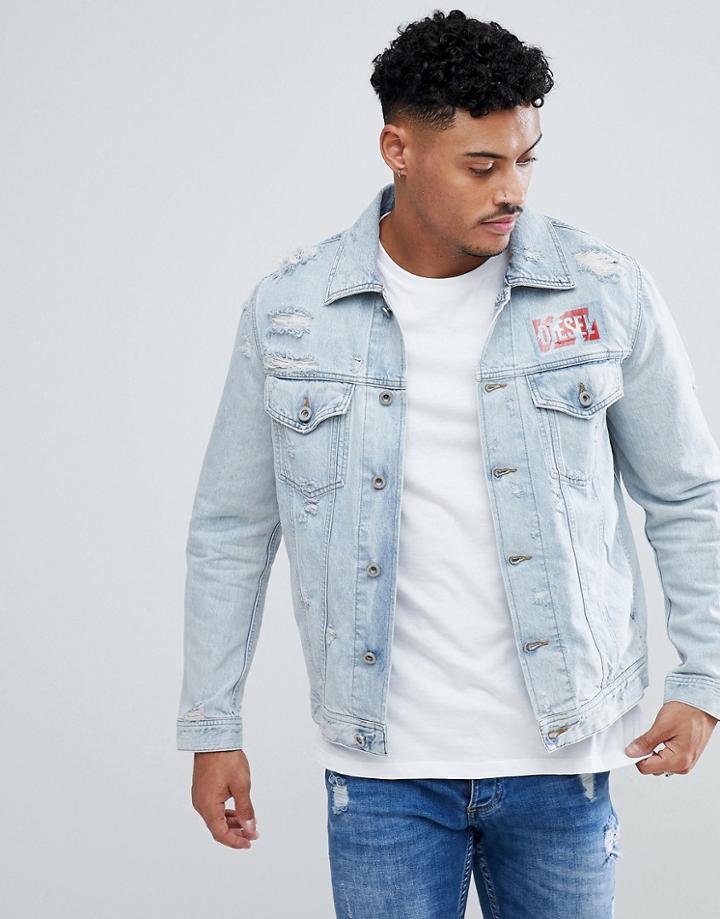 Diesel D-hill Distressed Contrast Logo Denim Jacket - Blue