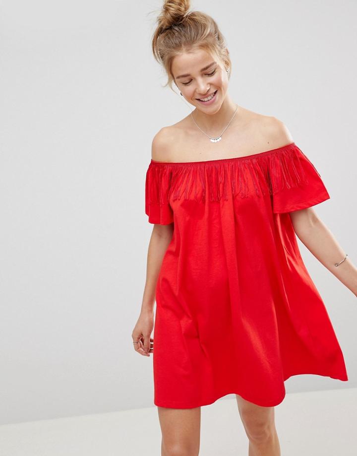 Asos Off Shoulder Sundress With Fringing Detail - Red
