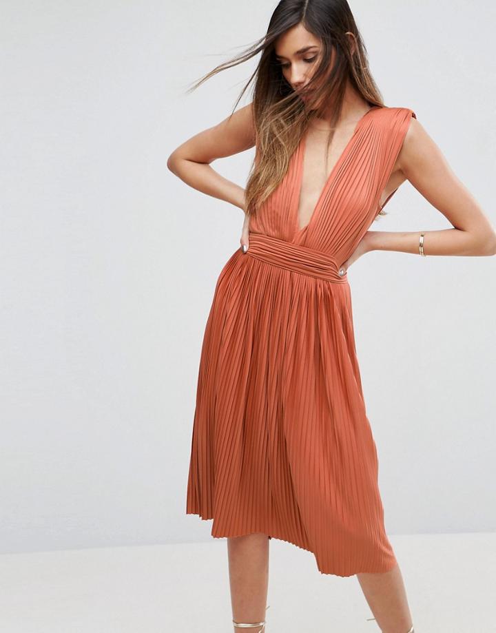 Asos Premium Deep Plunge Pleated Midi Dress - Orange