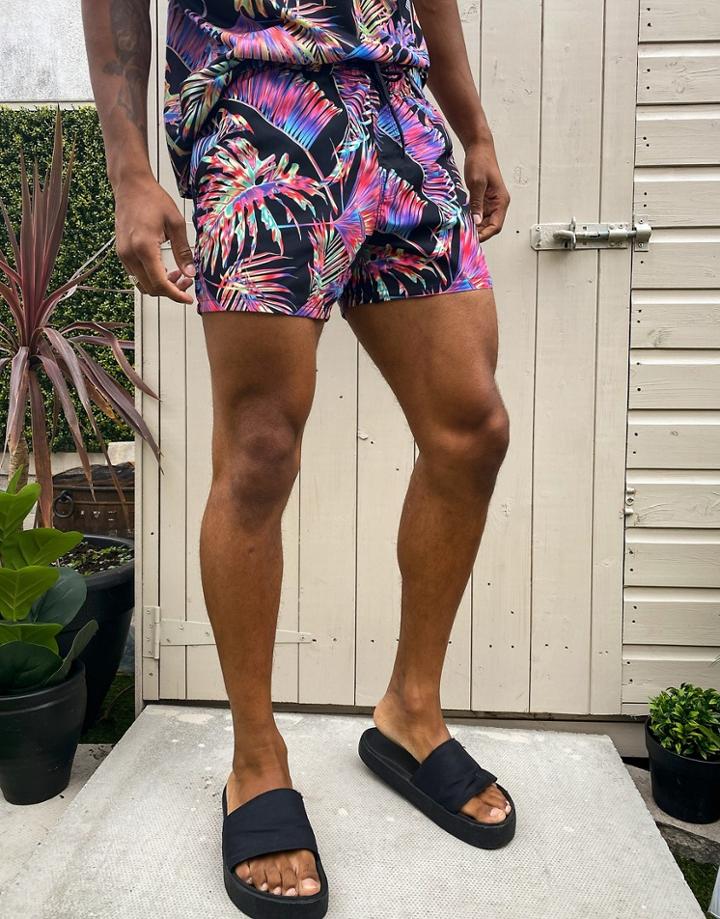 Asos Design Swim Shorts In Neon Palm Print Short Length-multi