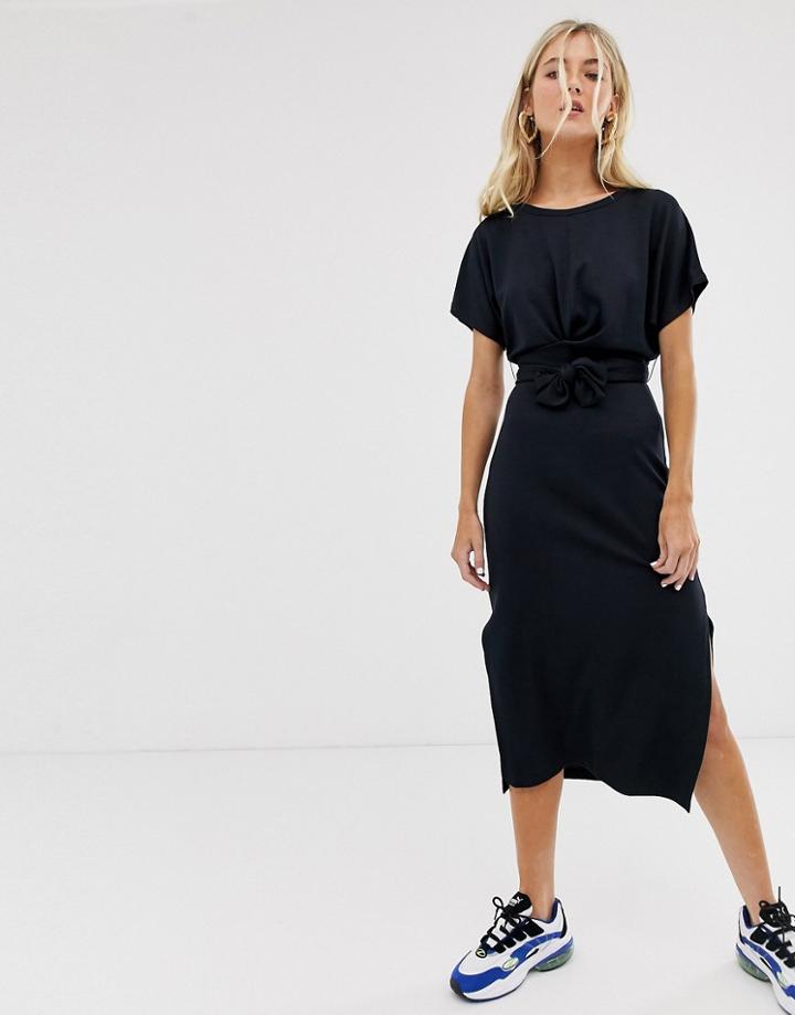 Bershka Midi Dress With Tie Waist In Black
