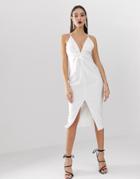 Asos Design Midi Strappy Cami Dress With Knot Front Plunge In Satin - White