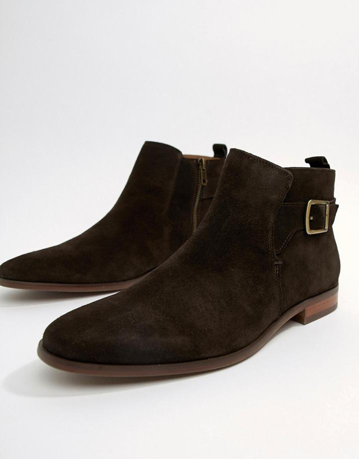 River Island Suede Chelsea Boots With Buckle Detail In Chocolate Brown - Brown