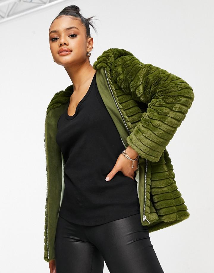 Helene Berman Hooded Faux Fur Jacket In Khaki-green