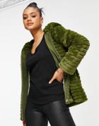 Helene Berman Hooded Faux Fur Jacket In Khaki-green