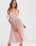 Asos Design Scuba Top Cold Shoulder Tulle Midi Dress - Pink
