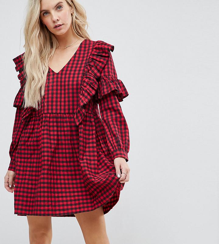 Asos Petite Gingham Smock Dress With Ruffles - Red