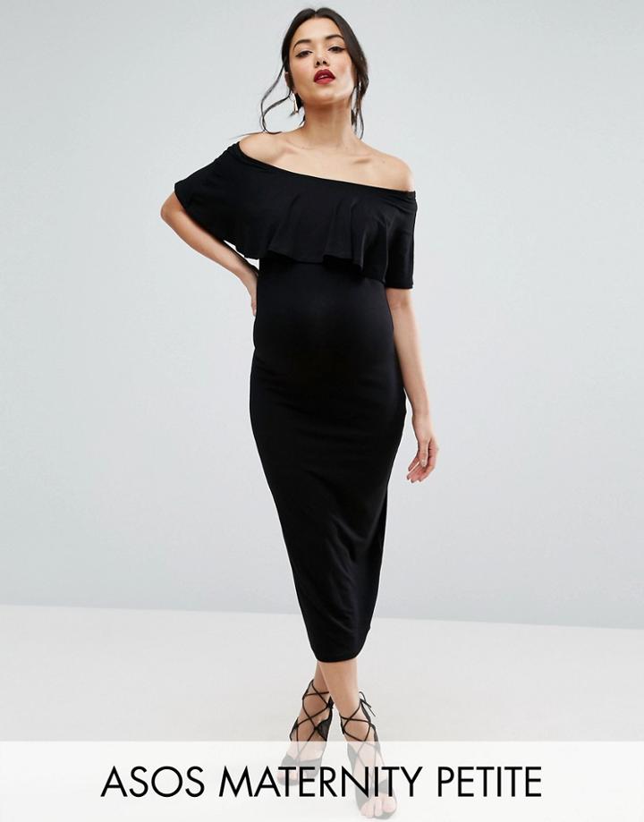 Asos Maternity Petite Midi Bardot Pencil Dress With Ruffle - Black