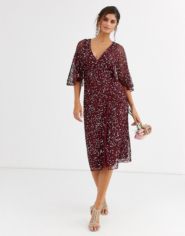 Maya Bridesmaid Delicate Sequin Wrap Midi Dress Wine-red