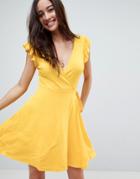 Asos Wrap Frill Sleeve Sundress - Yellow