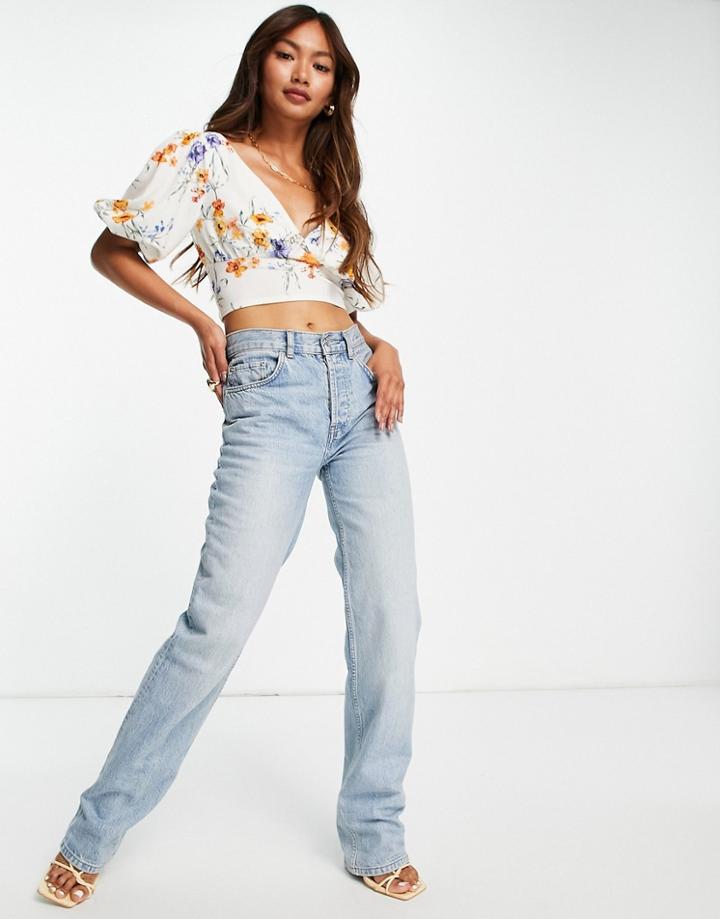 River Island Puff Sleeve Floral Crop Top In Beige-neutral