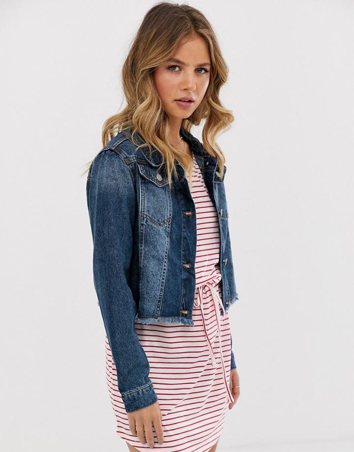 Brave Soul Fitz Crop Denim Jacket In Mid Wash - Blue