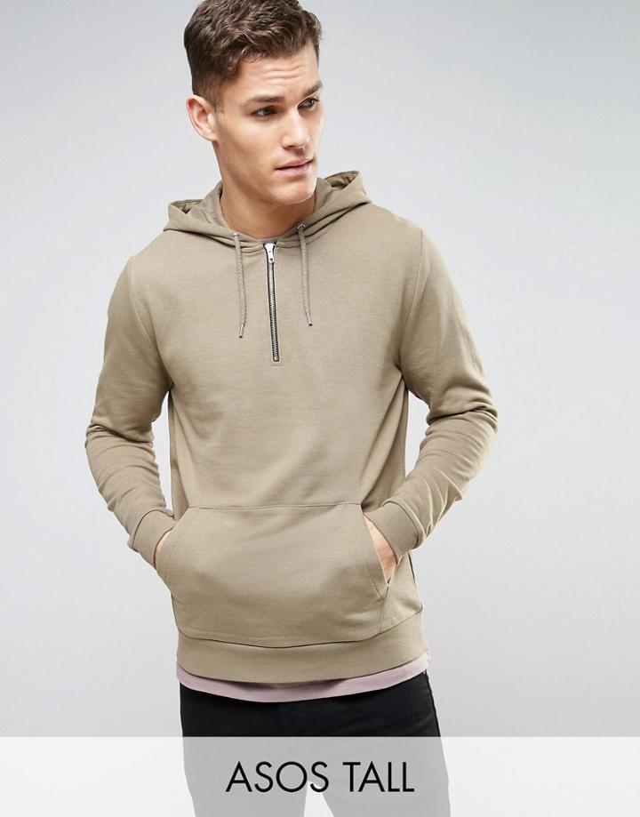 Asos Tall Hoodie With Half Zip In Beige - Beige
