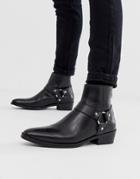 Asos Design Stacked Heel Western Chelsea Boots In Black Leather With Buckle Detail - Black