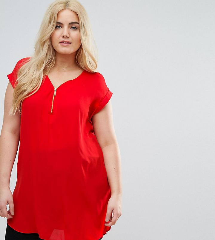 New Look Curve Red Zip Tunic Top - Red