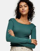 Topshop Lettuce Edge Long Sleeve Top In Forest Green