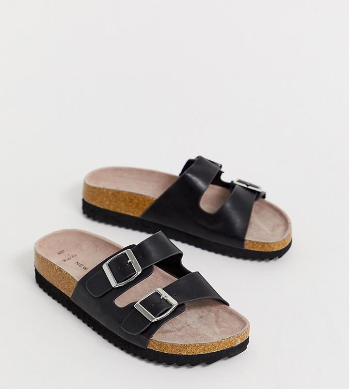 New Look Wide Fit Buckle Detail Footbed Sandal In Black - Black