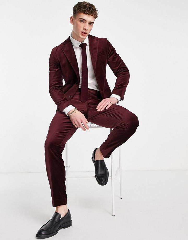Selected Homme Slim Fit Velvet Suit Pants In Burgundy-red