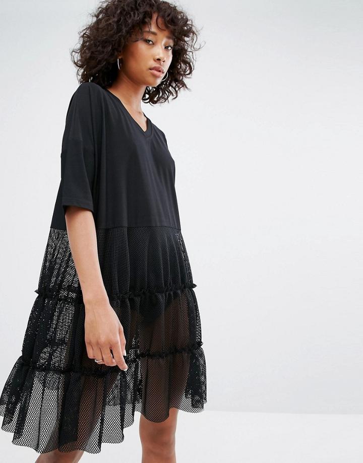 Noisy May Mesh Tiered V-neck Dress - Black