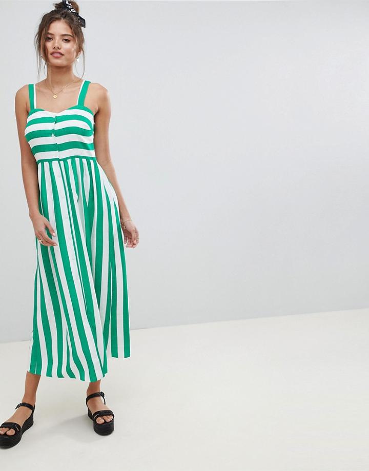 Asos Design Linen Button Through Maxi Dress In Stripe - Multi