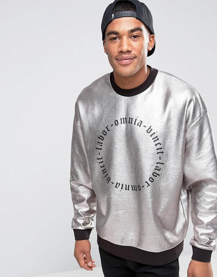 Asos Oversized Sweatshirt In Silver With Print - Silver