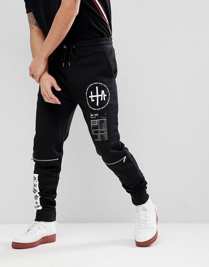 Asos Skinny Joggers With Print & Zips - Black