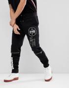 Asos Skinny Joggers With Print & Zips - Black