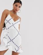 Asos Design Cami Wrap Mini Dress With Frill Hem In Blue Check - Multi