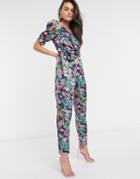 Asos Design One Shoulder Puff Sleeve Jumpsuit In Pink Smudged Floral Print-multi