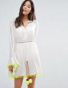 Anmol Mini Beach Dress With Bell Sleeves And Pom Pom Tassel Detail - White