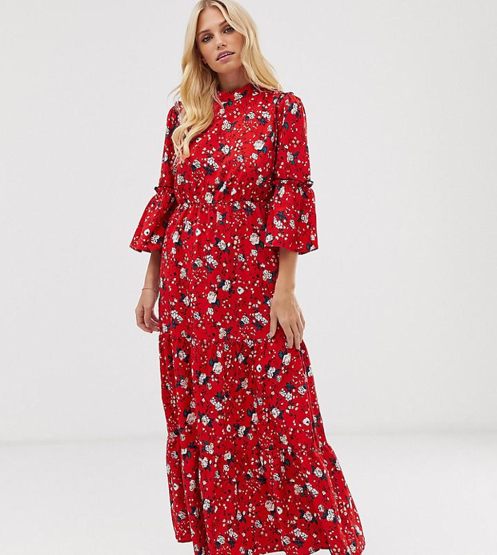 Vila Floral High Neck Tiered Maxi Dress