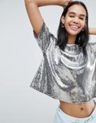 Weekday Sequin Crop T-shirt In Silver Sequin - Silver