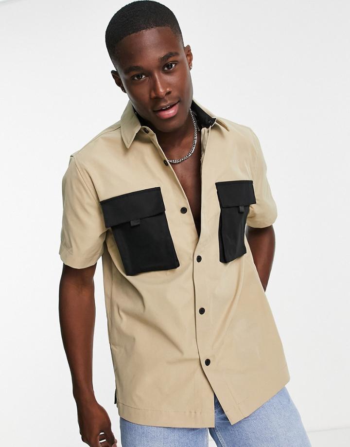 Topman Short Sleeve Shirt In Stone With Contrast Pockets-neutral