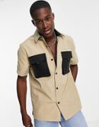 Topman Short Sleeve Shirt In Stone With Contrast Pockets-neutral