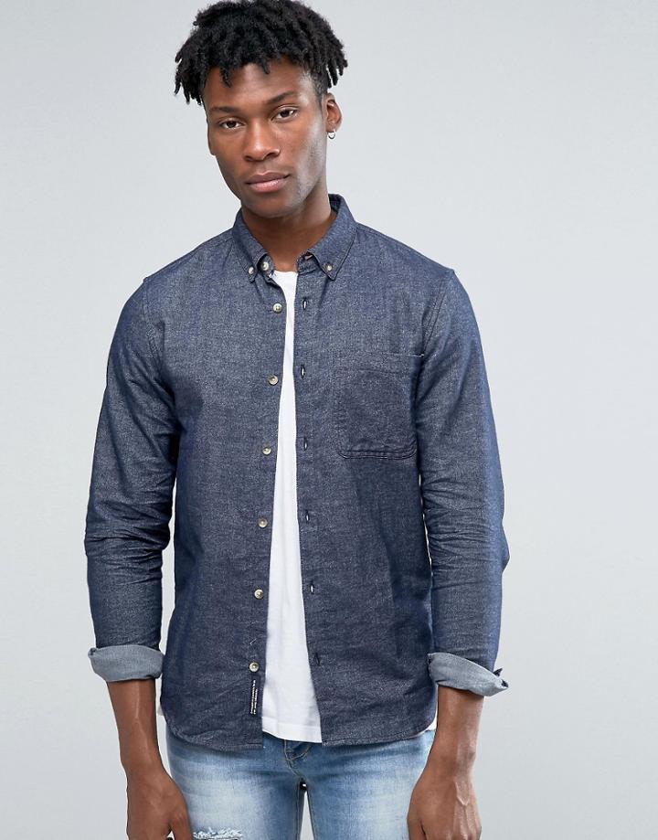 Pull & Bear Denim Shirt In Dark Wash Blue In Regular Fit - Blue