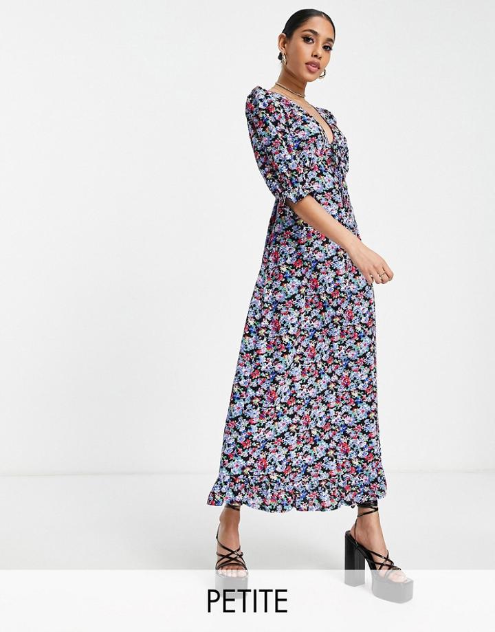 Nobody's Child Petite Tie Bust Puff Sleeve Maxi Dress In Bright Ditsy Floral-multi